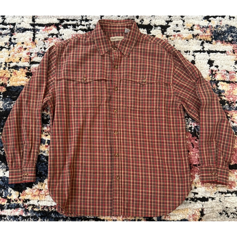 RuffHewn Mens Large Plaid Long Sleeve Button Down Shirt‎ Red Tan Flannel Style